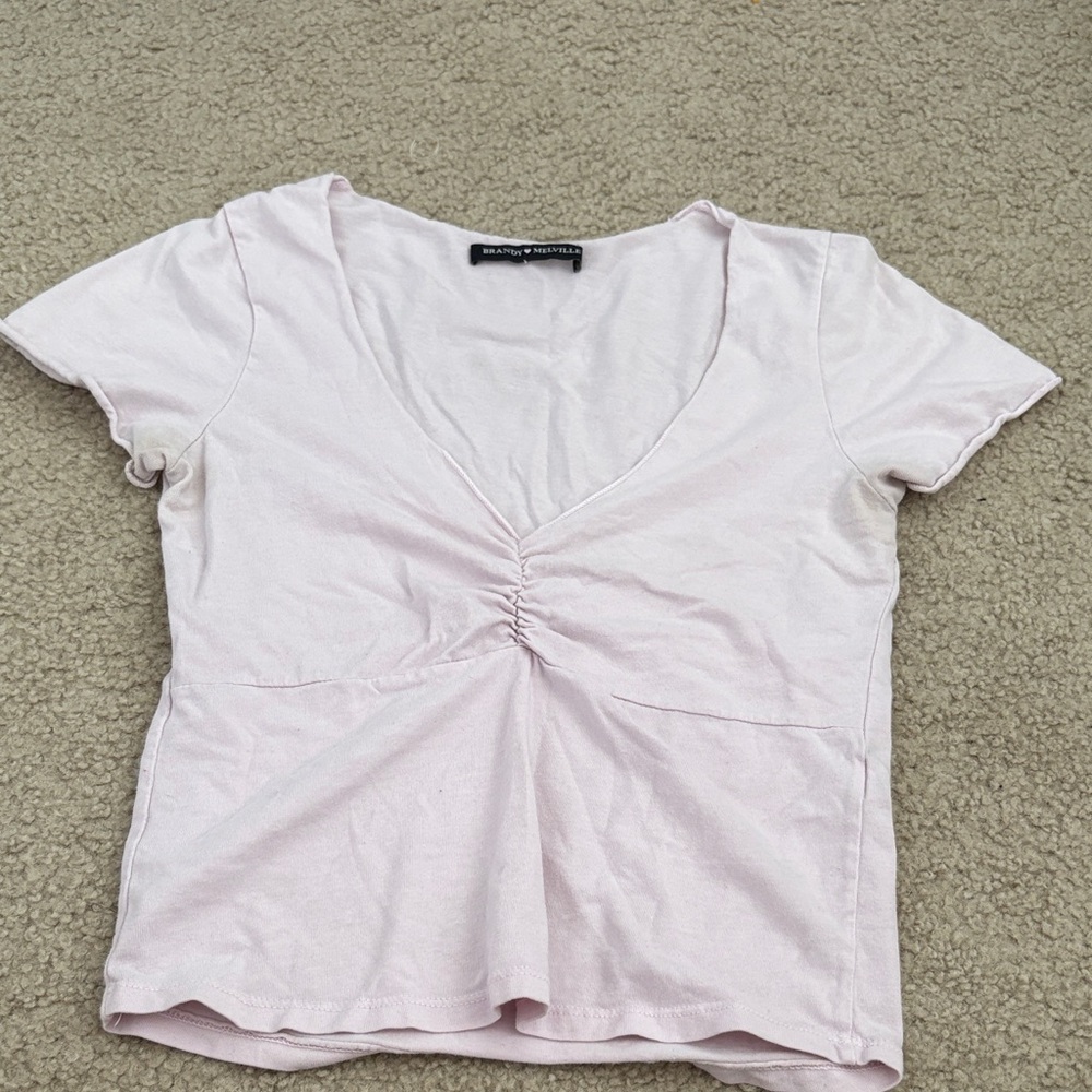 Brandy Melville Soft Pink Ruched V-Neck Tee
